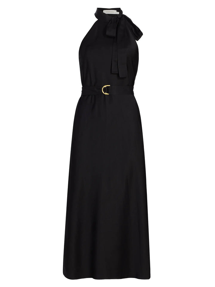 Belted High Neck Tie Midi Dress