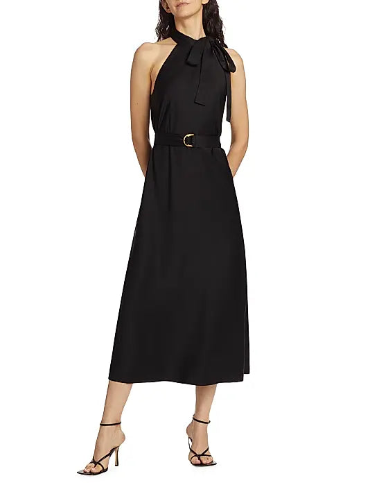 Belted High Neck Tie Midi Dress