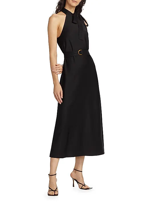 Belted High Neck Tie Midi Dress
