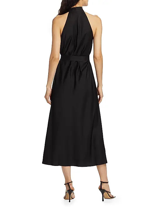 Belted High Neck Tie Midi Dress