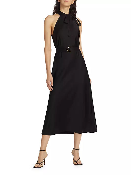 Belted High Neck Tie Midi Dress