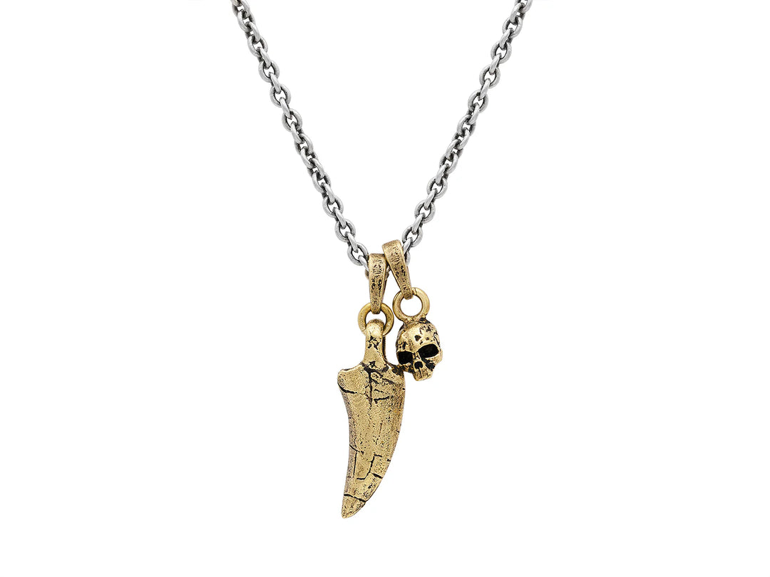 Artisan Brass Pendant Necklace, Tooth and Skull Charms