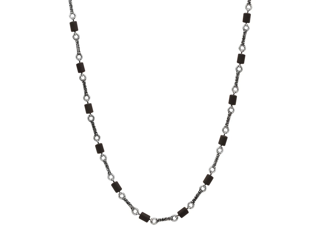 Barrel Sterling Silver Onyx Station Long Necklace, Textured Links
