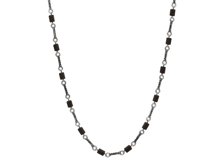 Barrel Sterling Silver Onyx Station Long Necklace, Textured Links