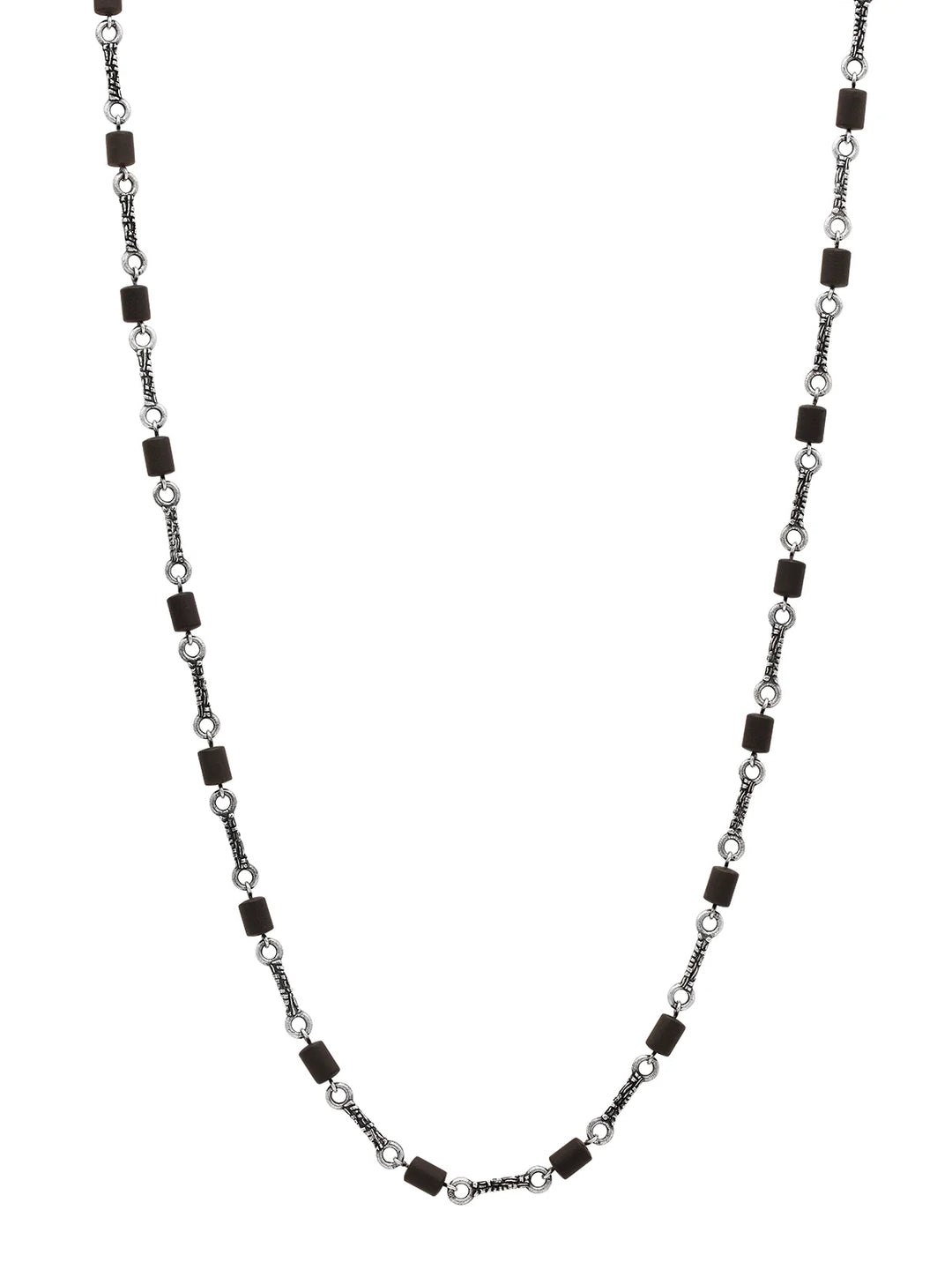 Barrel Sterling Silver Onyx Station Long Necklace, Textured Links