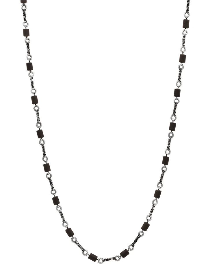 Barrel Sterling Silver Onyx Station Long Necklace, Textured Links