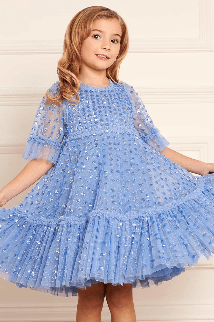 The Raindrop Sequin Kids Dress in Twilight Blue