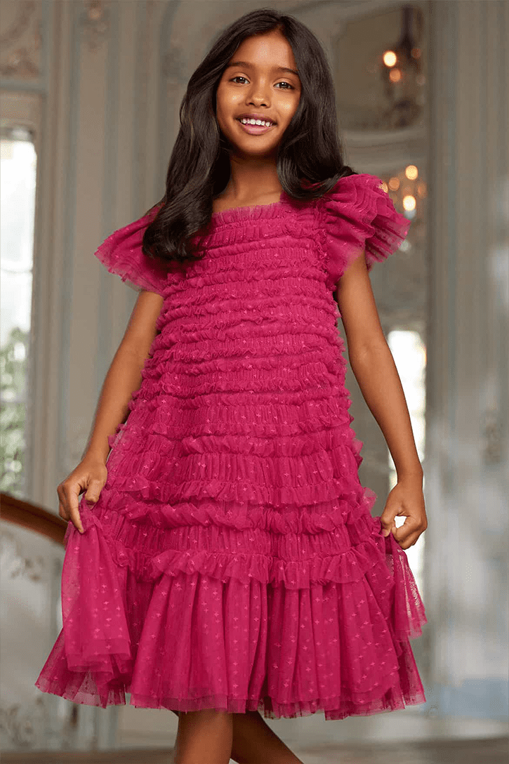 The Lisette Kids Dress in Cerise Detail