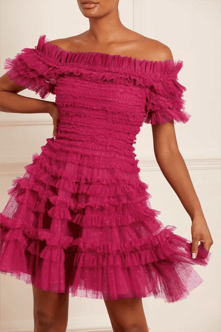 The Lisette Ruffle Off-Shoulder Micro Mini Dress in Cerise