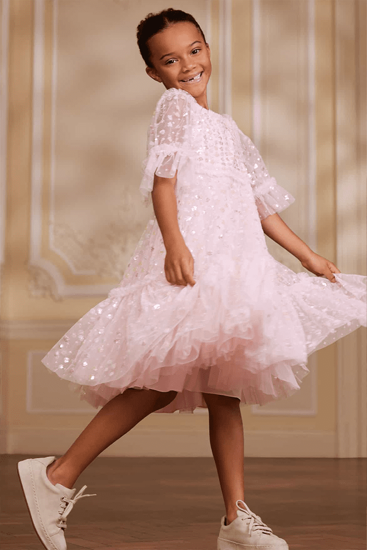Raindrop Sequin Kids Dress in Peony Pink / Pastel