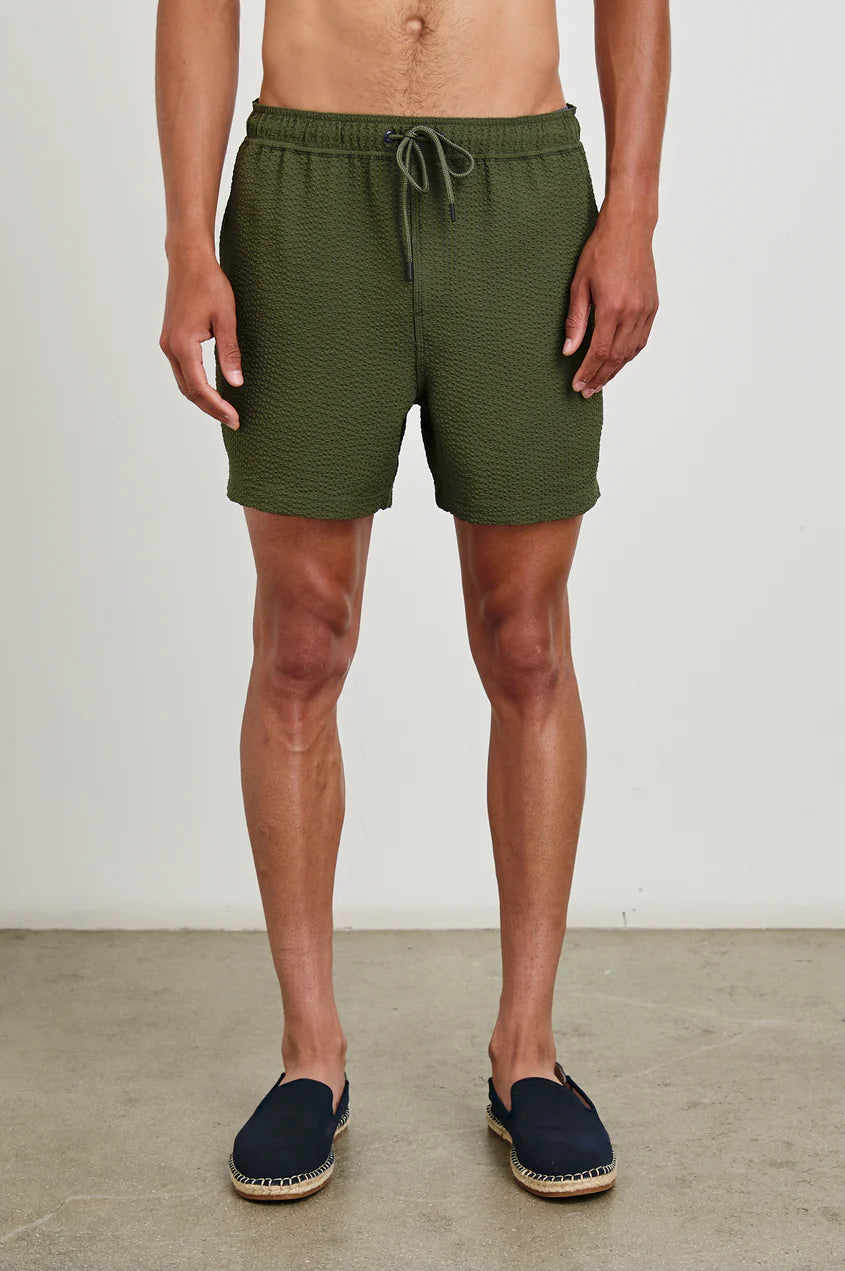 La Brea Swim Short in Olive Seersucker