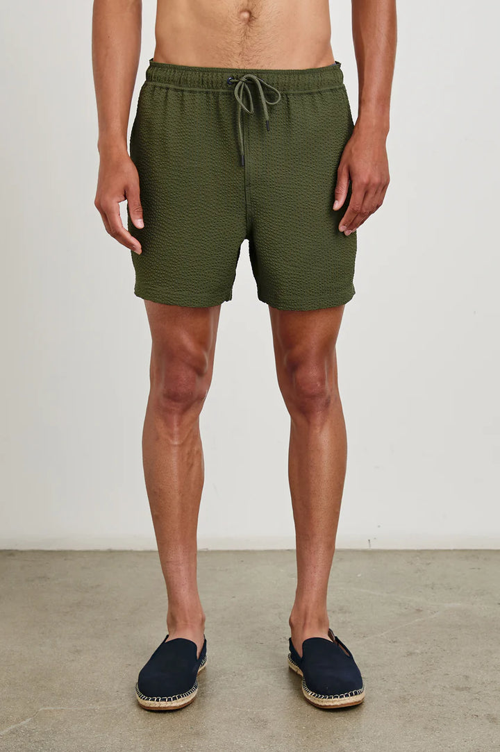La Brea Swim Short in Olive Seersucker