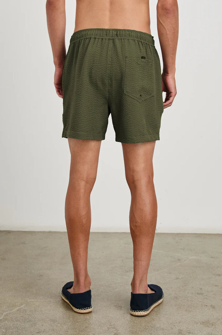 La Brea Swim Short in Olive Seersucker