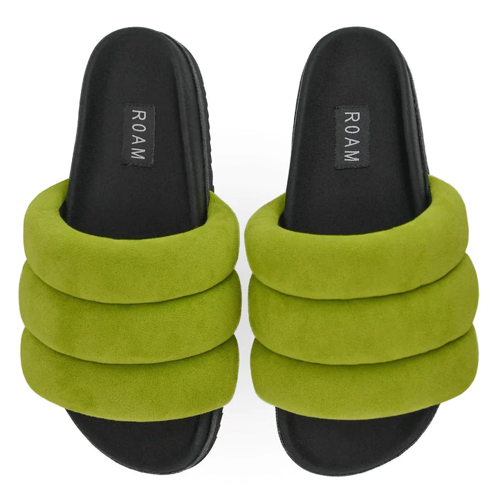 Roam Puffy Sandals Lime Vegan Suede