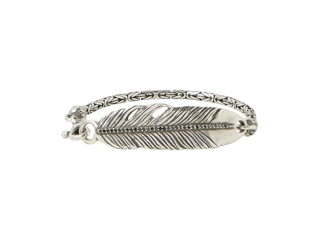 Raven Sterling Silver ID Bracelet, Feather, with Black Diamond