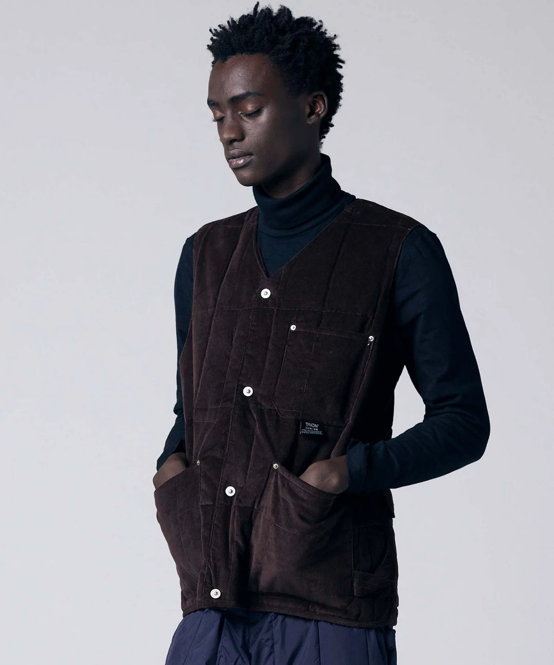 Unisex Work V Neck Button Corduroy x Down Vest