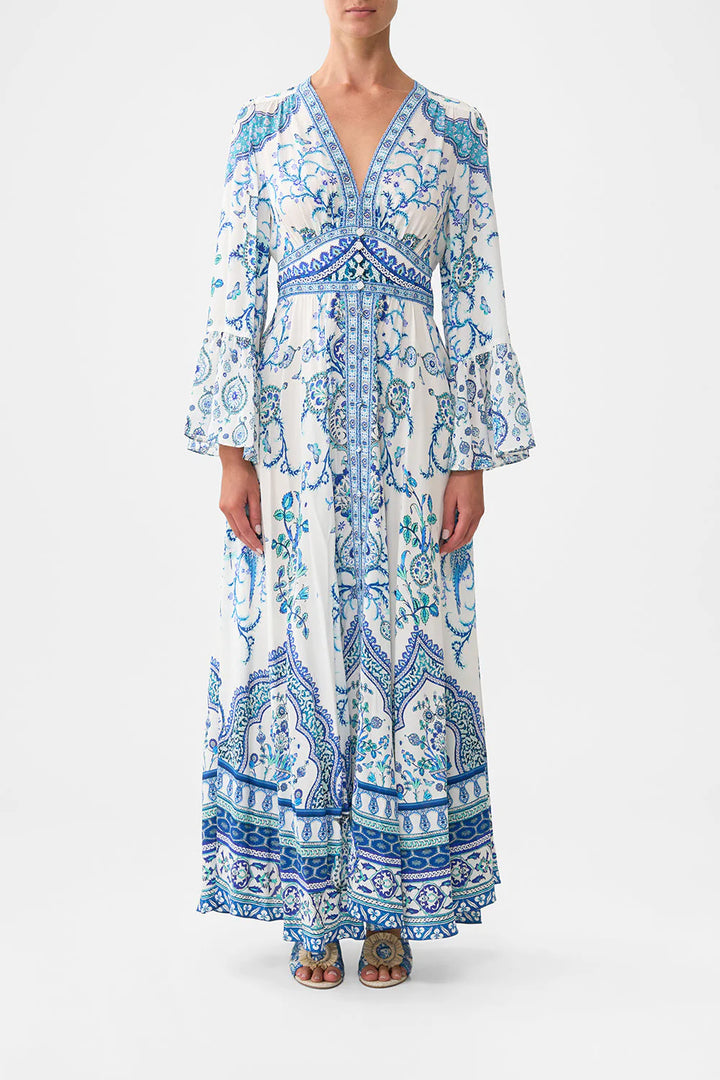shaped waistband dress with ruffle sleeve