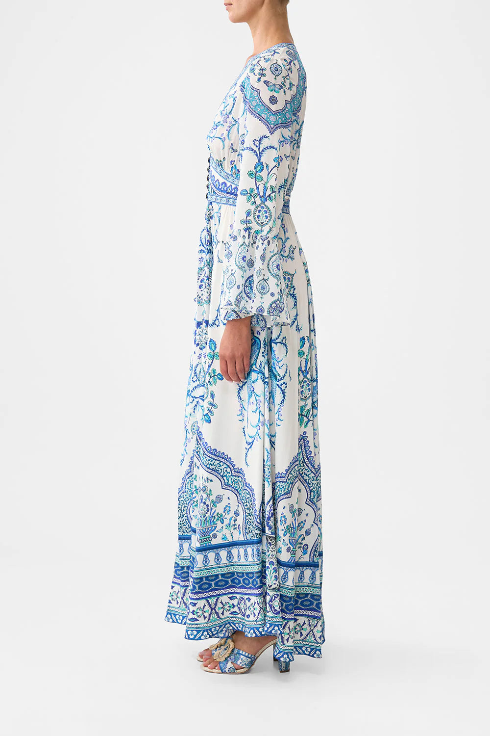 shaped waistband dress with ruffle sleeve