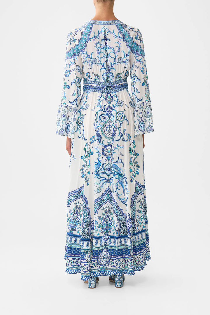 shaped waistband dress with ruffle sleeve