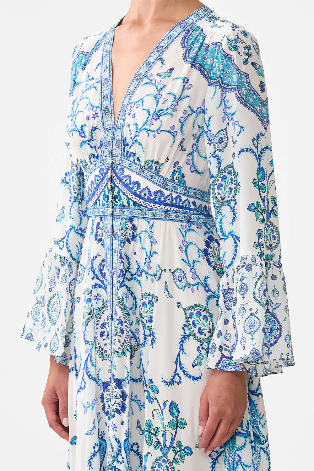 shaped waistband dress with ruffle sleeve
