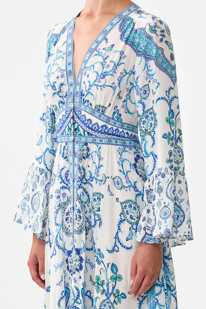 shaped waistband dress with ruffle sleeve