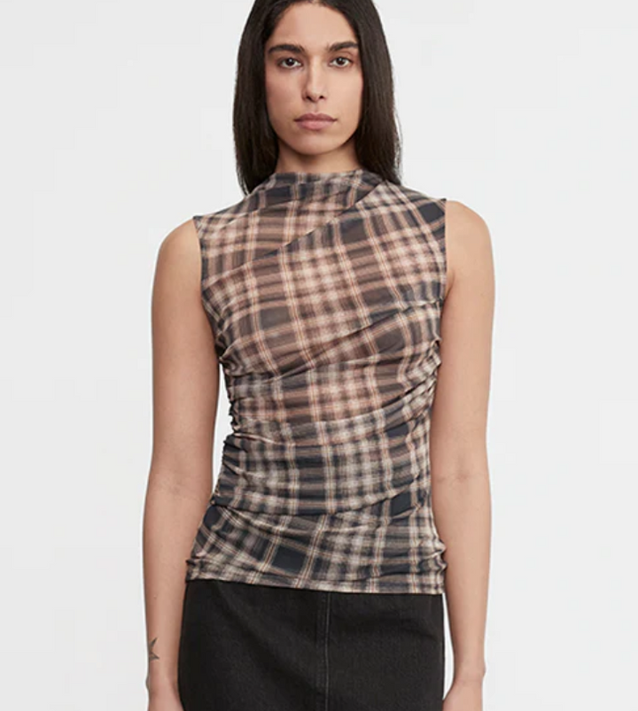 Plaid Mesh Sleeveless Twist Top