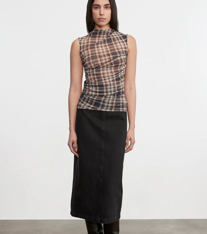 Plaid Mesh Sleeveless Twist Top