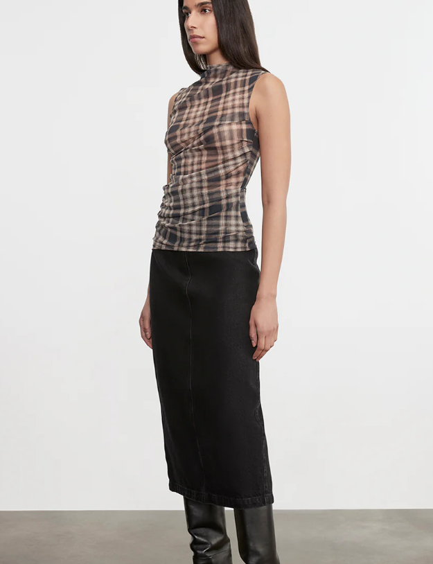 Plaid Mesh Sleeveless Twist Top