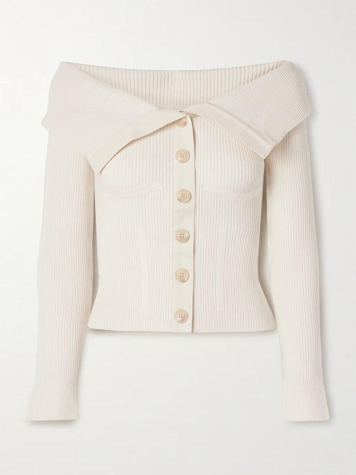 Off-the-shoulder cotton-trimmed ribbed-knit cardigan