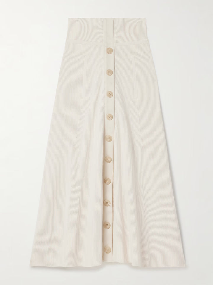 Cotton-trimmed ribbed-knit midi skirt