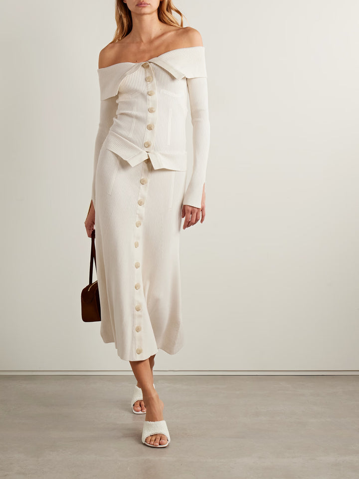 Off-the-shoulder cotton-trimmed ribbed-knit cardigan