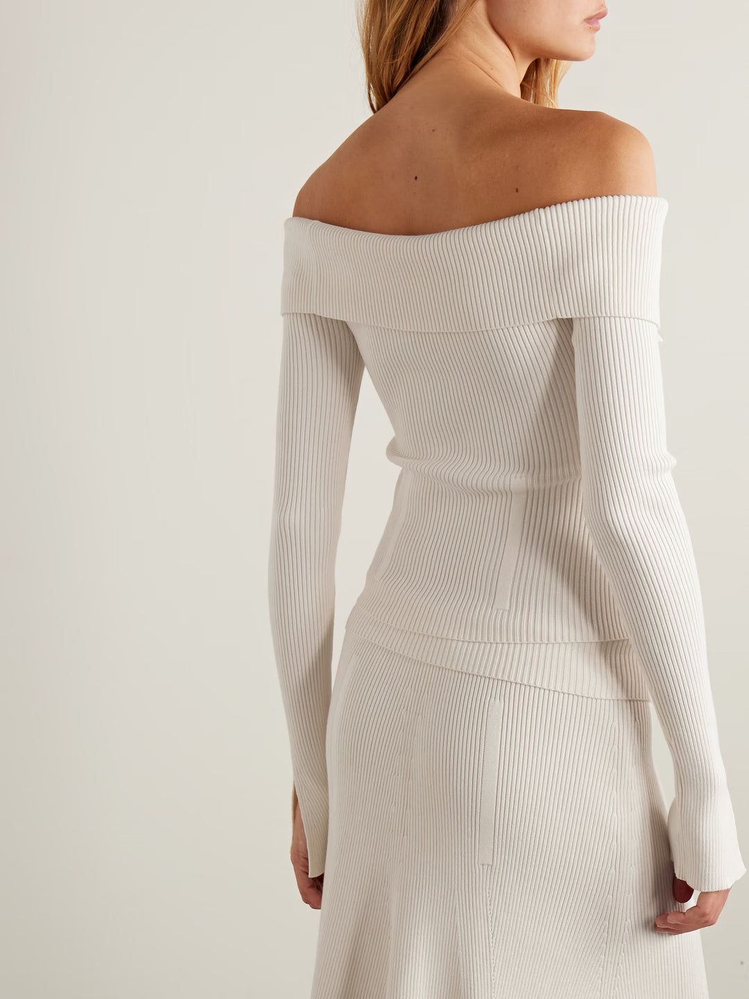 Off-the-shoulder cotton-trimmed ribbed-knit cardigan