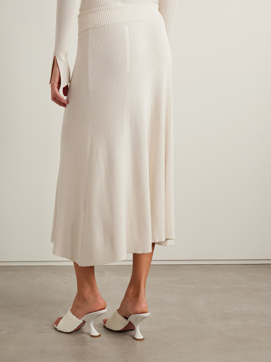 Cotton-trimmed ribbed-knit midi skirt