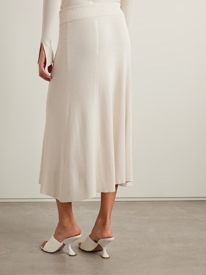 Cotton-trimmed ribbed-knit midi skirt