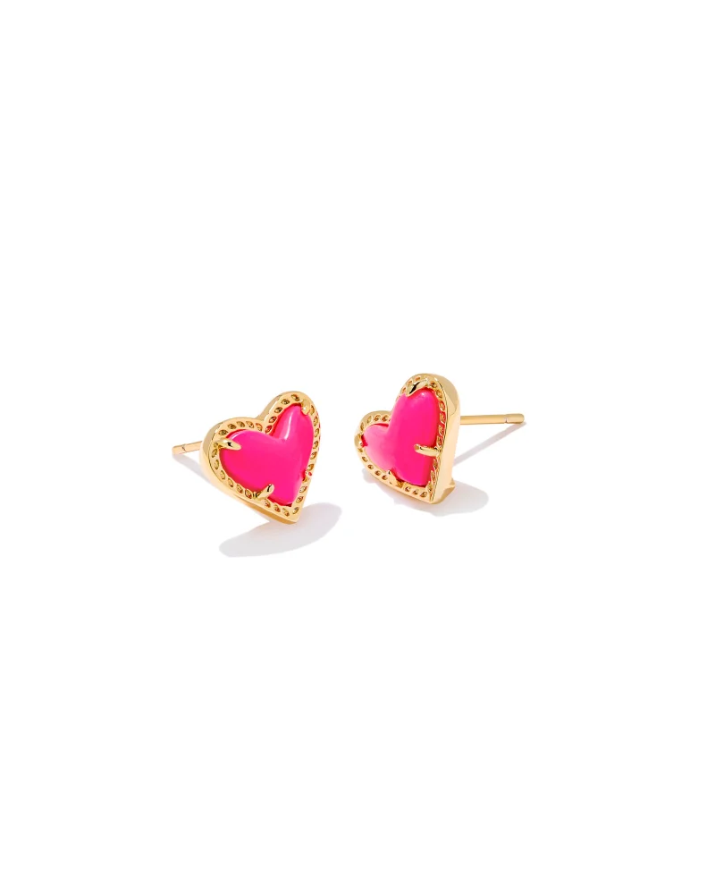 Kendra Scott Ari Heart Gold Earrings in Neon Pink Magnesite