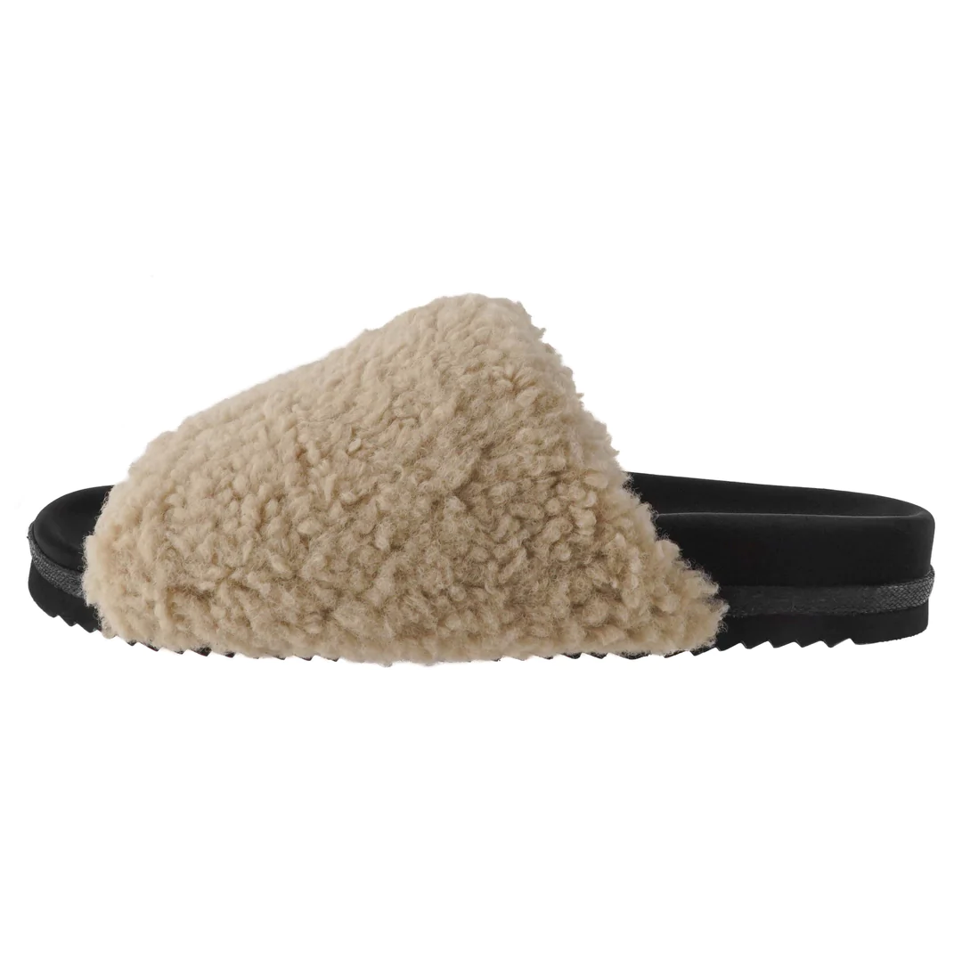 Shearling Fur Slide with Feather - Black Flat Women's Sandals