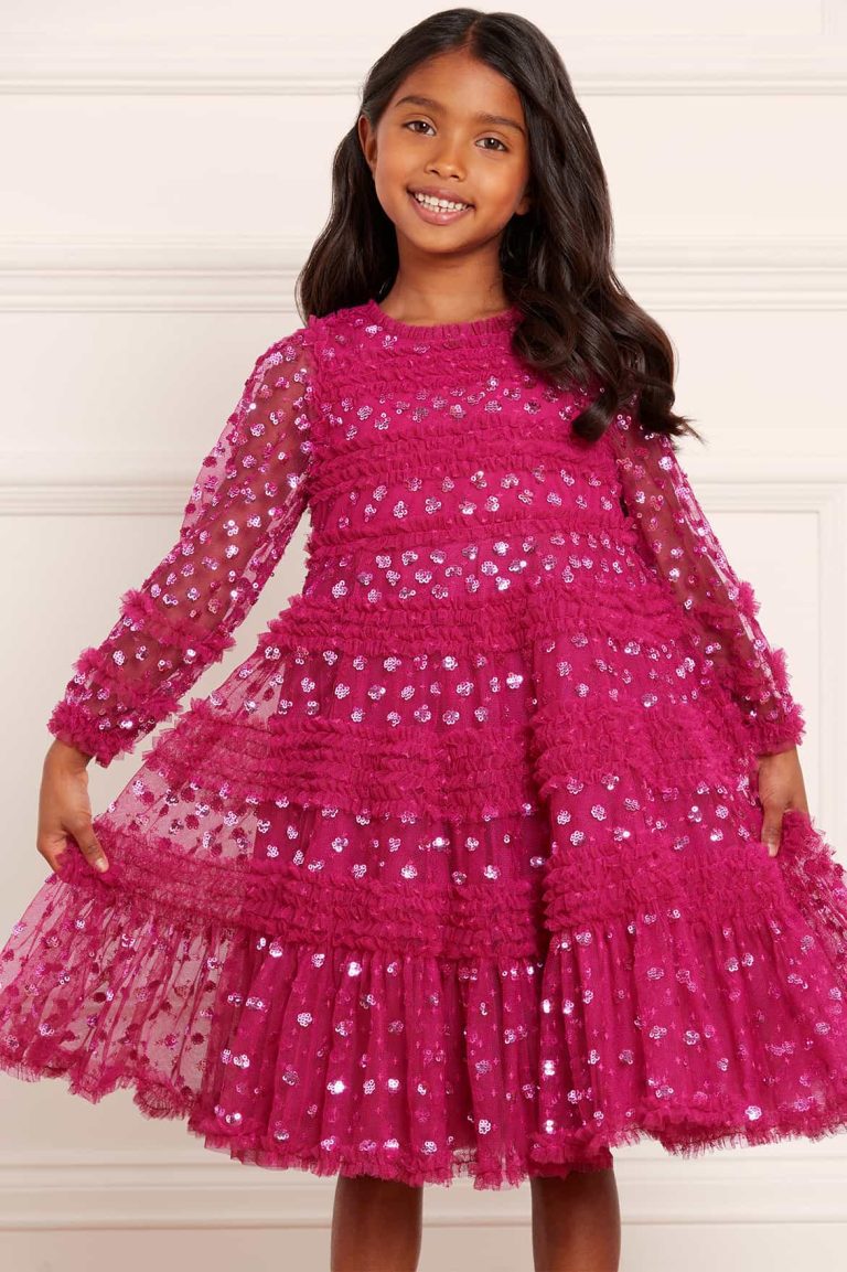 The Dot Shimmer Long Sleeve Kids Dress in Cerise