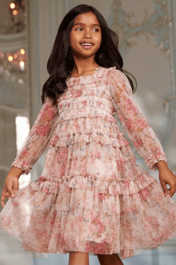 The Floral Wreath Smocked Kids Dress in Petal Pink