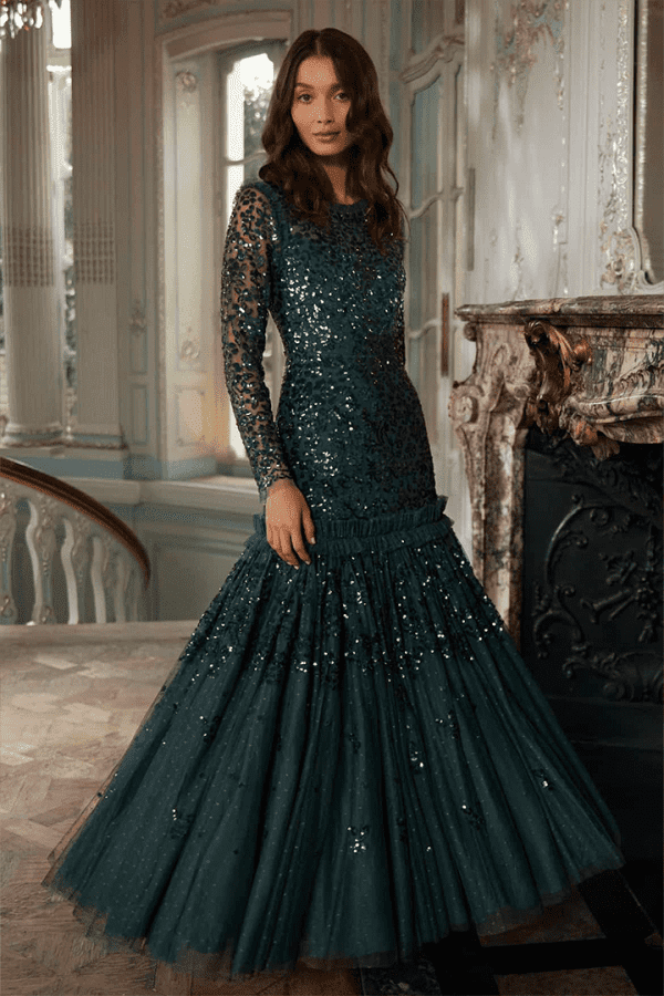 The Regal Rose Gloss Long Sleeve Gown in Emerald