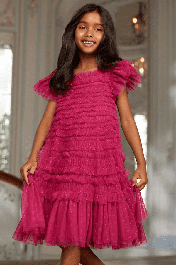 The Lisette Kids Dress in Cerise Detail