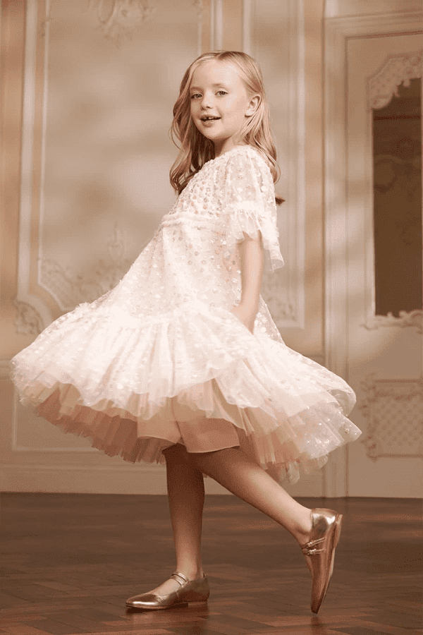 Raindrop Sequin Kids Dress in Cream/ Pastel