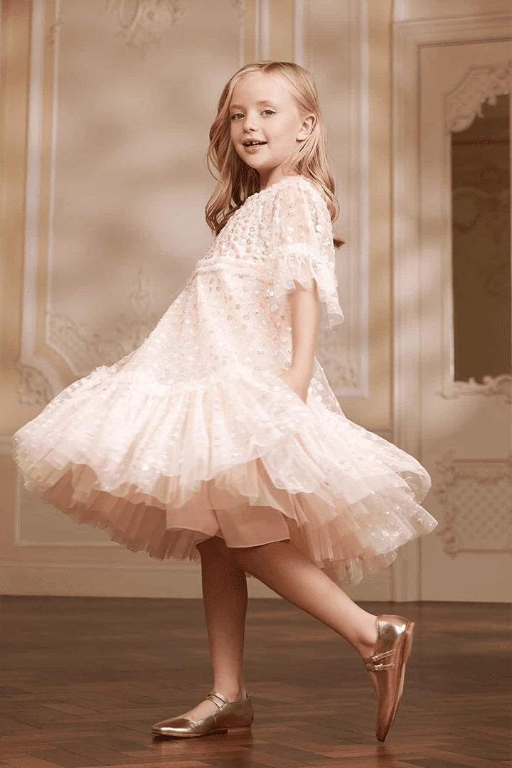 Raindrop Sequin Kids Dress in Cream/ Pastel