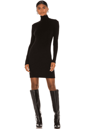 Tencel Cashmere Rib Long Sleeve Zip Turtleneck Mini Dress