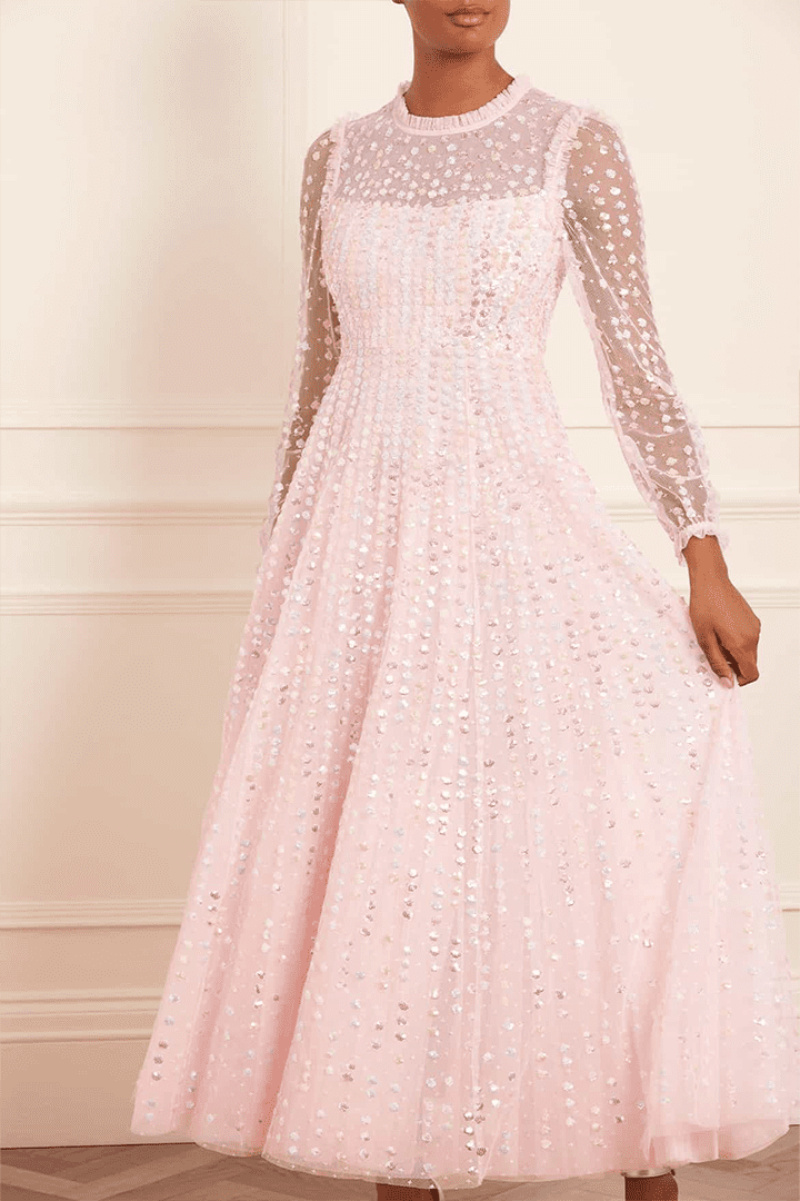 Raindrop Long Sleeve Ankle Gown in Peony Pink