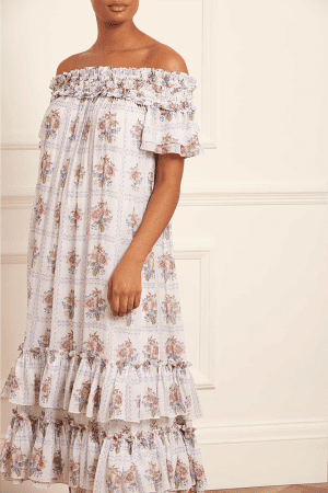 Tiled Blooms Chiffon Off-Shoulder Ankle Gown