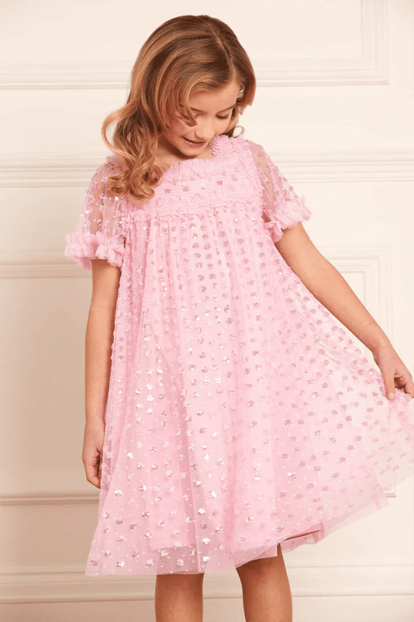 The Raindrop Smocked Kids Dress in Blossom Pink