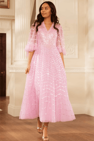 The Shimmer Wave Gloss V-Neck Ankle Gown in Blossom Pink