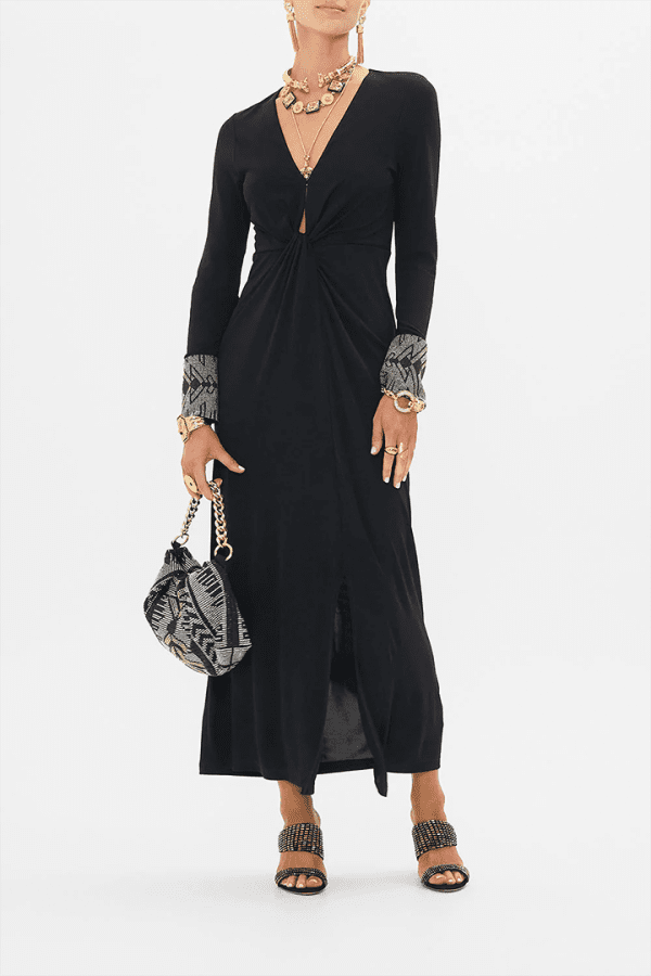 Long V Neck Twist Front Jersey Dress